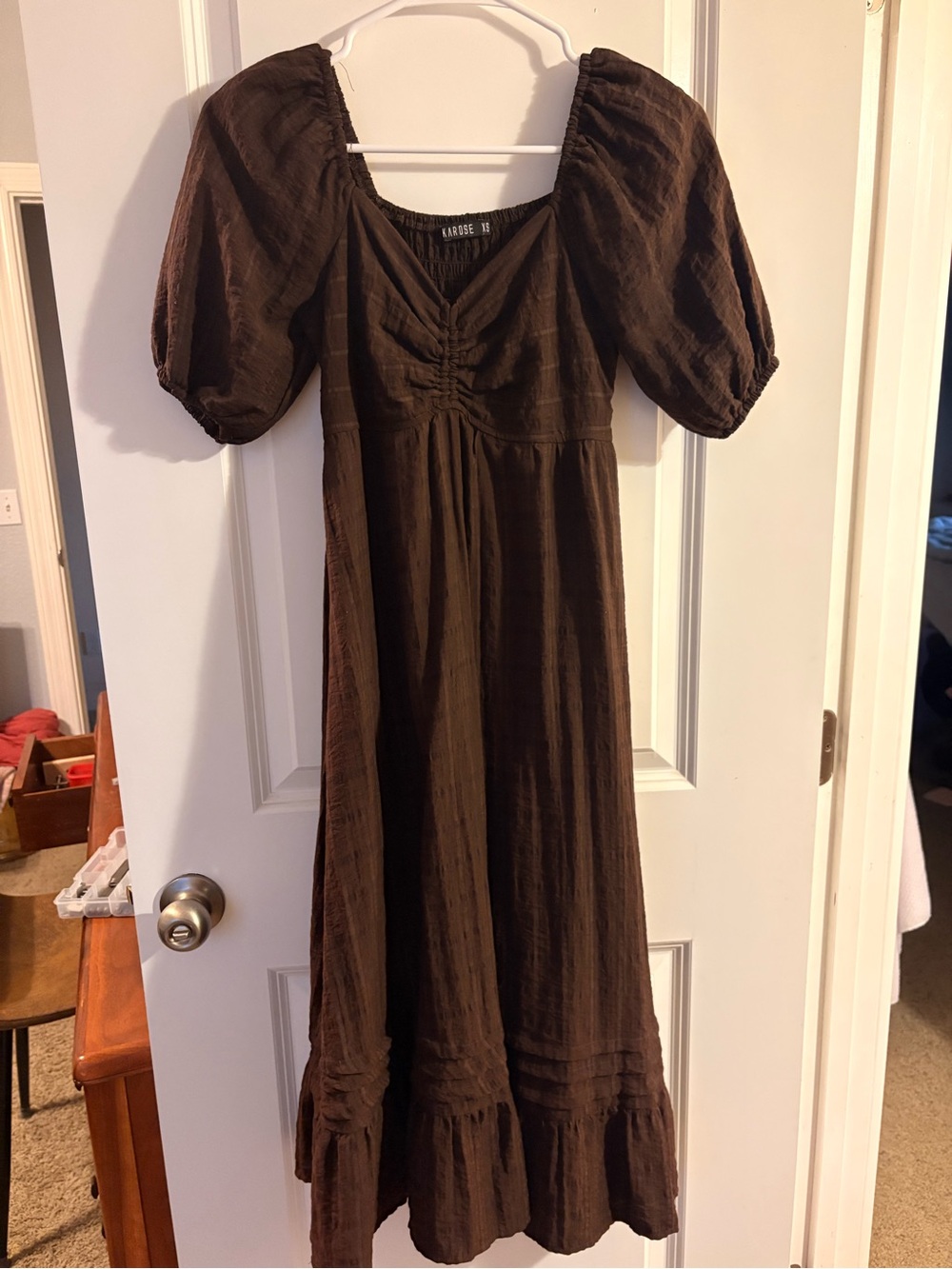 Brown Puff-Sleeve Maxi Dress